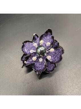 Vintage Joan Rivers Purple Flower Brooch Pin Faux Tahitian Pearl Floral Enamel